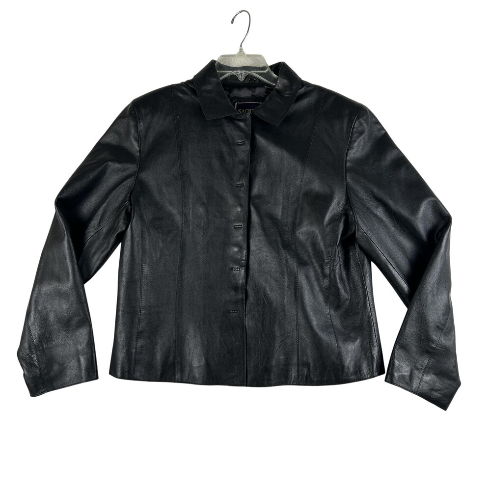 Saguaro Jacket Womens XL Black Genuine Leather Lined Snap Button Front Classic